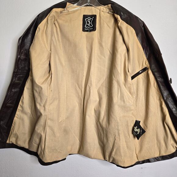 Vintage Chocolate Brown Leather Jacket Notched Lapel Button Front Coat S Classic - Picture 3 of 15